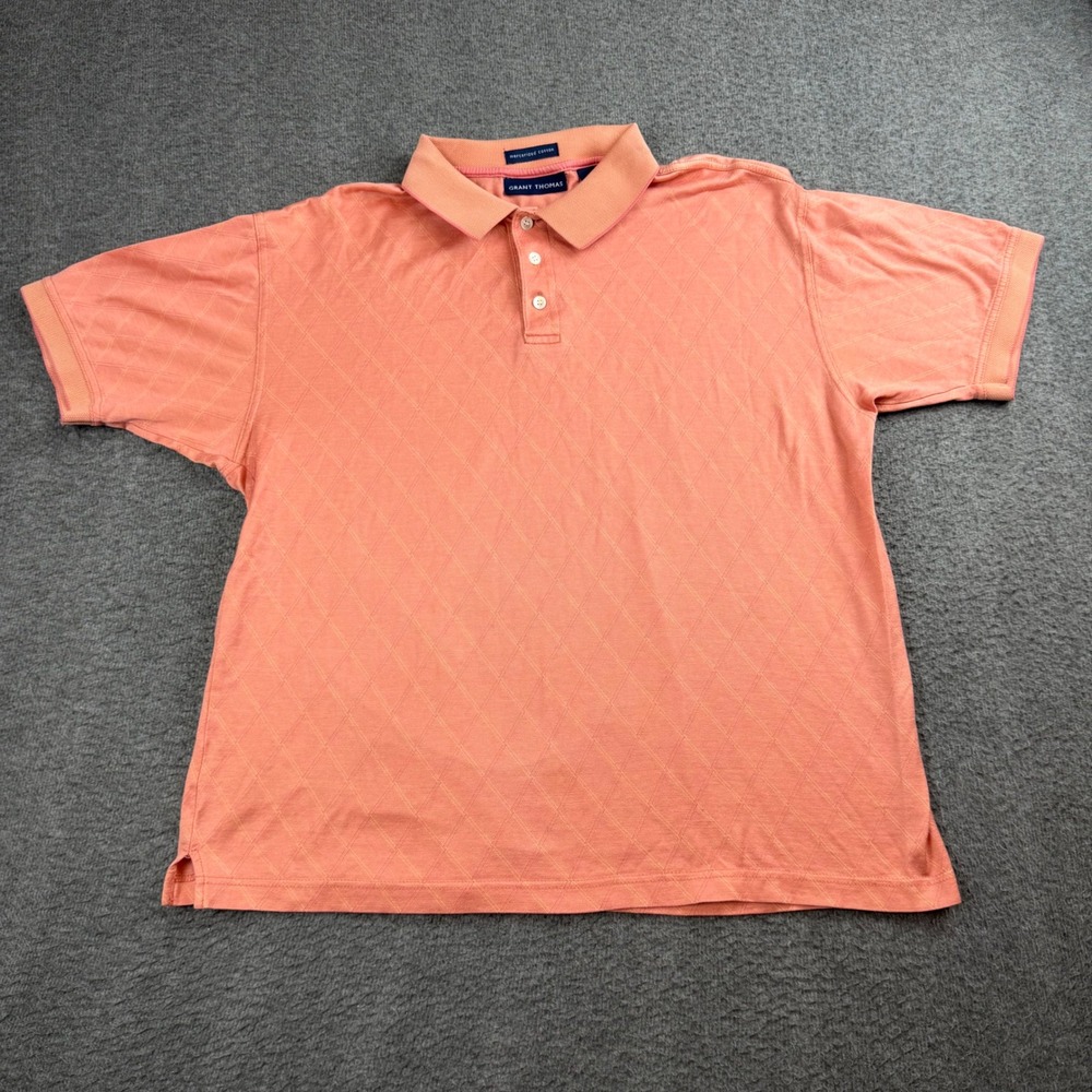 Grant Thomas Polo Shirt Men Size M Coral Peach Mercerized Cotton Diamond Pattern